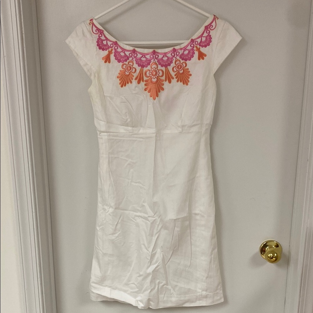 Lilly Pulitzer Embroidered White Dress with Pink and Orange Accents